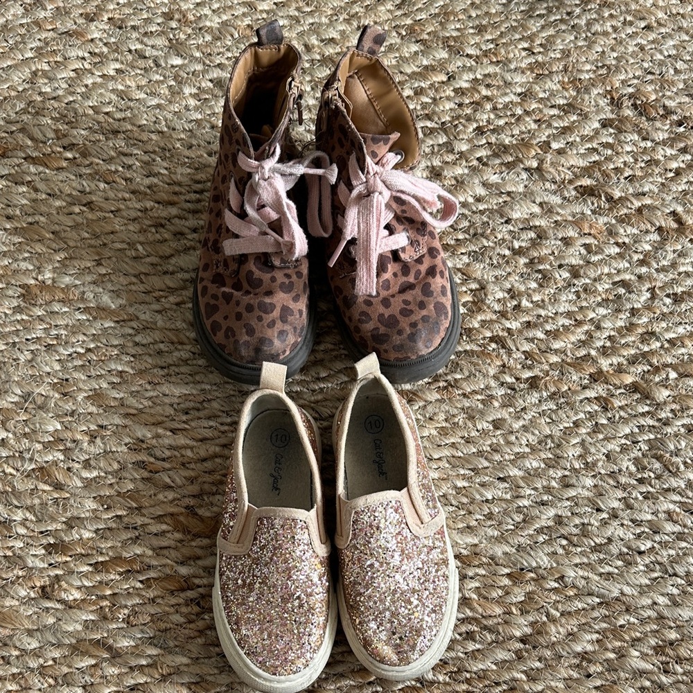 Cat & Jack Brown Leopard Boots and Pink Glitter Slip-Ons